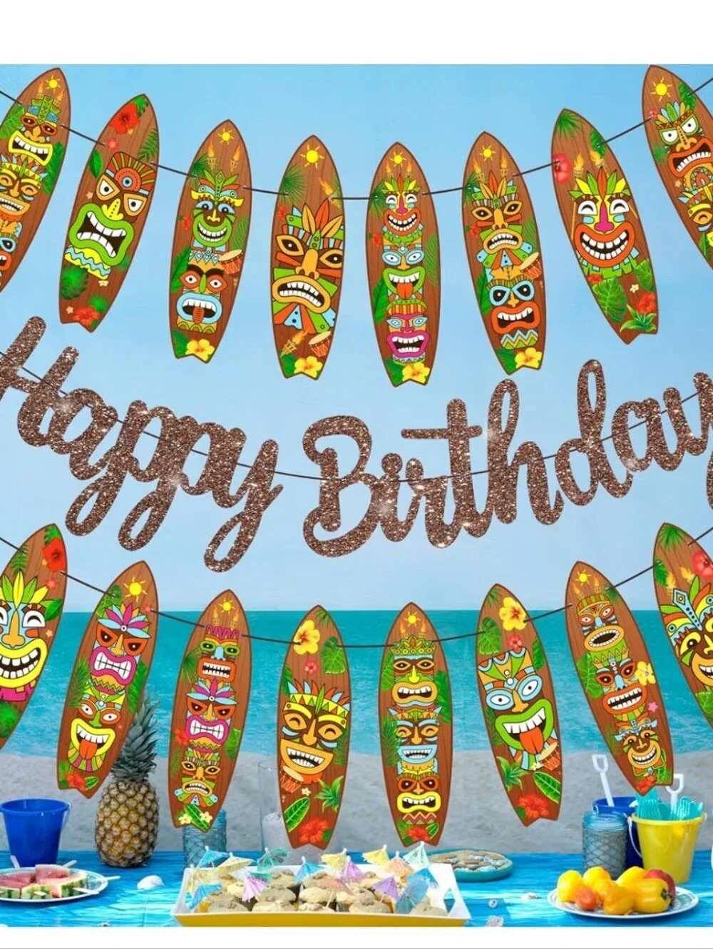 Tiki Surfboard Happy Birthday Banner - Gold Glitter & Multicolor Surfboards